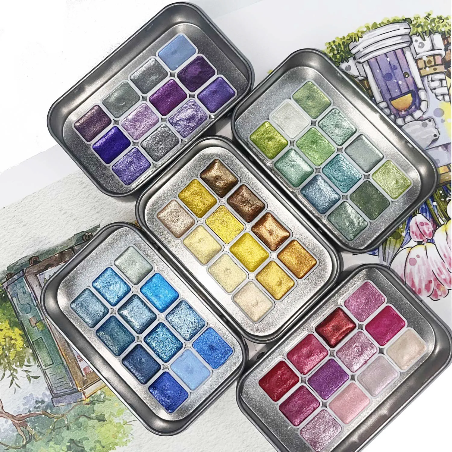 Un juego completo de pigmentos de acuarela profesionales con 12 colores de acuarela de perlas sólidas, diseñado para arte, especial