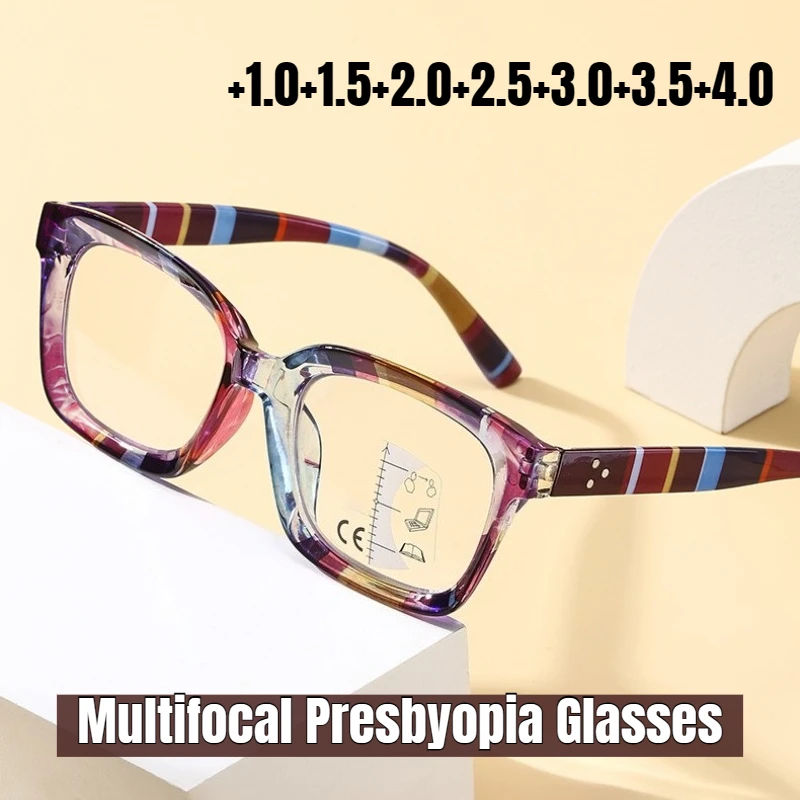 Unisex Fashionable Square Multifocal Glasses Classic Casual Reading Glasses Fashionable Striped-Frame Glasses for Farsightedness