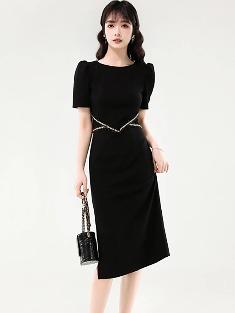 

Summer Black Short Sleeve Bodycon Midi Dress Women Korean Vintage Hepburn Prom Clothes 2025 Elegant Patchwork Chic Casual Dress