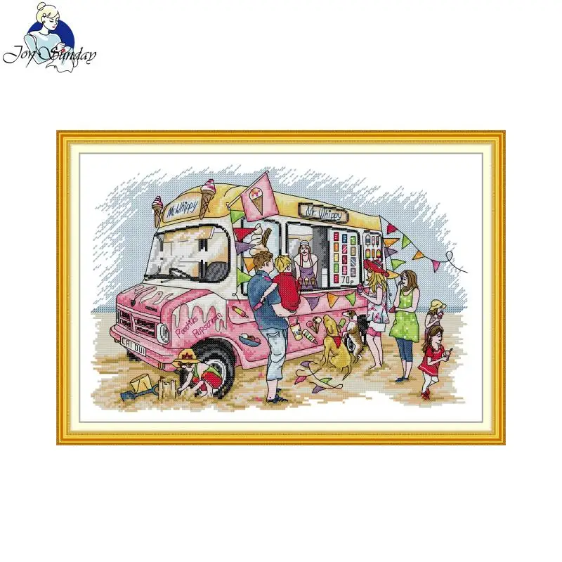

Joy Sunday Cross Stitch Kit Handwork DMC Threads 16CT 14CT 11CT Ice Cream Truck Aida Canva Embroidery Kit Art Wall Decor