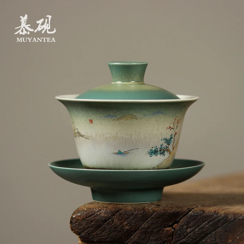 Cover Teacup Jingdezhen Kung Fu Tea Set Making Device Hand Painted Overglazed Color Figure Sancai Cup with Large Bowl