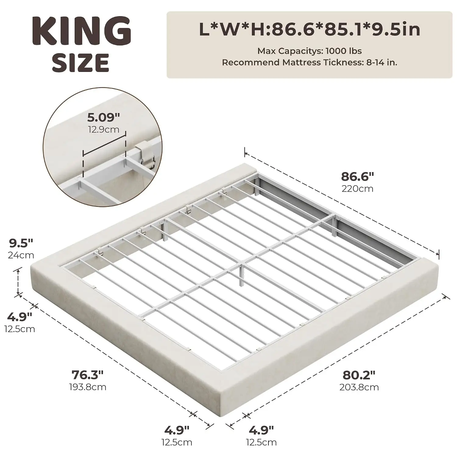 King Upholstered Bed Frame, Beige Low Profile Cloud Bed with 5 Inch Foam Base, 360° Padded Surround, No Box Spring Needed
