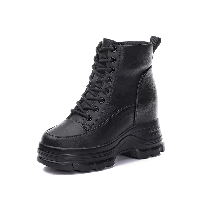 9cm Cow Black Leather Platform Wedge Shoes Autumn Pumps Women Lace-up Ankle Booties Spring Chunky Sneakers Mid Calf Winter Plush