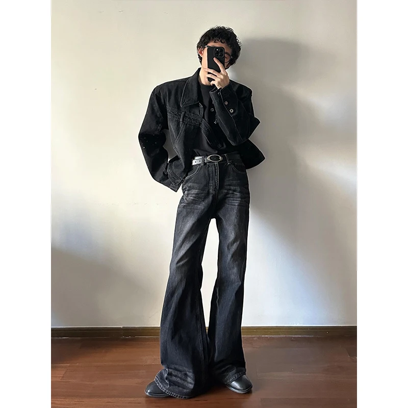 Cleanfit High Waist Straight Leg Jeans Men's Spring Autumn Black Grey Tall Size Loose Flared Pants Youth Trend Cotton Blend