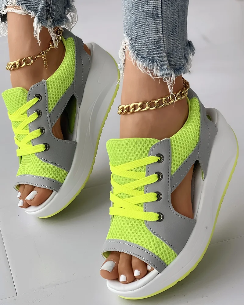 Summer Women Sandales Fashion Shoes Casual Flat Peep Toe Contrast Paneled Cutout Lace-up Muffin Sandals Platform Sport Sandalias