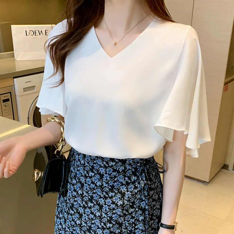 Fashion V-Neck Solid Color Butterfly Sleeve Blouse Female Clothing 2024 Summer New Loose Casual Tops Office Lady Shirt