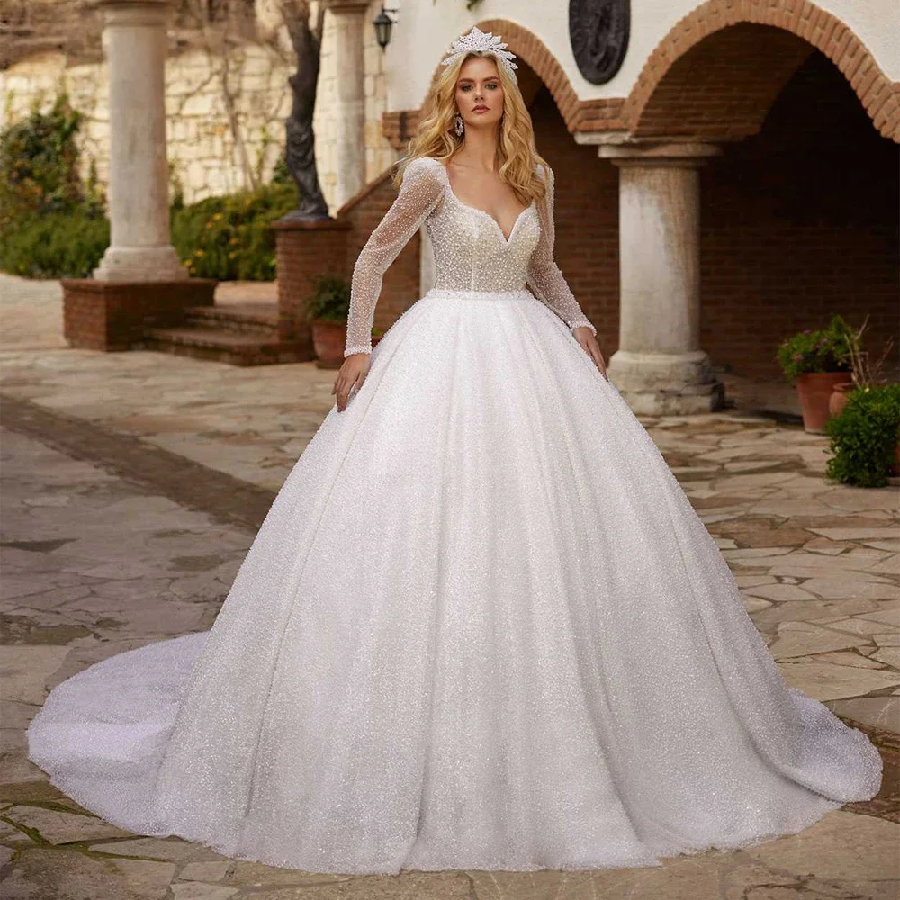 

Nymph Бальное платье по индивидуальному заказу Кружевные свадебные платья с длинными рукавами и V-образным вырезом с открытой спиной и бисером Кружевные свадебные платья со шлейфом часовни Vestidos