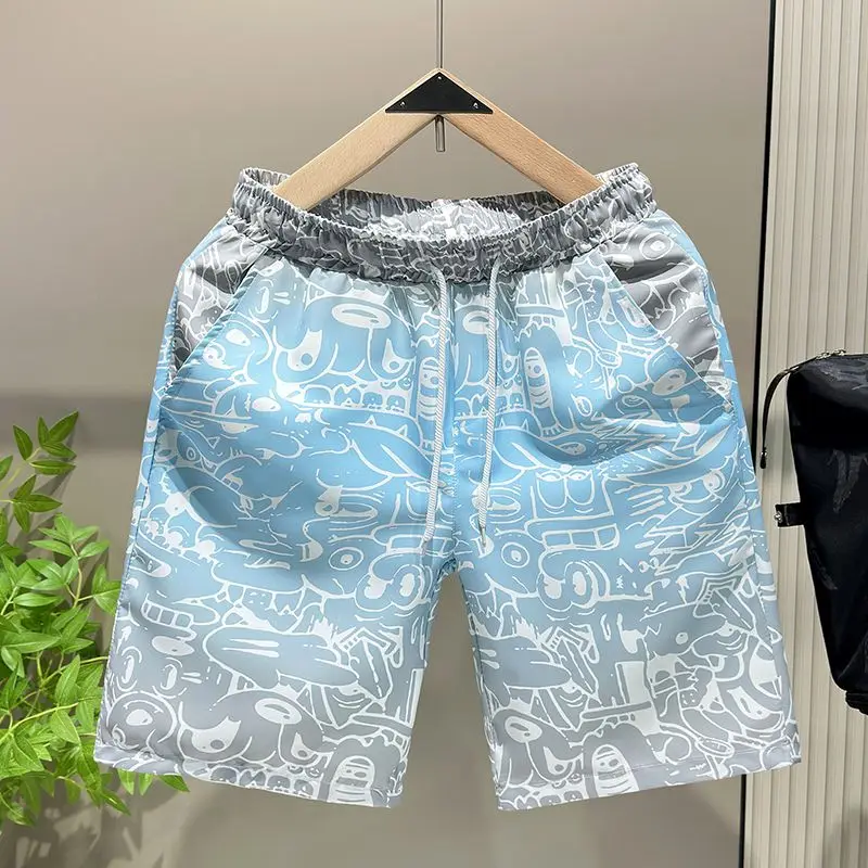 Trend Versatile Summer Men\'s Elastic Waist Drawstring Printing Pocket High Street Casual Loose Straight Knee Length Beach Pants