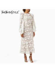 TWOTWINSTYLE Solidne patchworkowe aplikacje Eleganckie sukienki dla kobiet O Neck Lantern Sleeve High Waist Vintage Slim Dress Female New