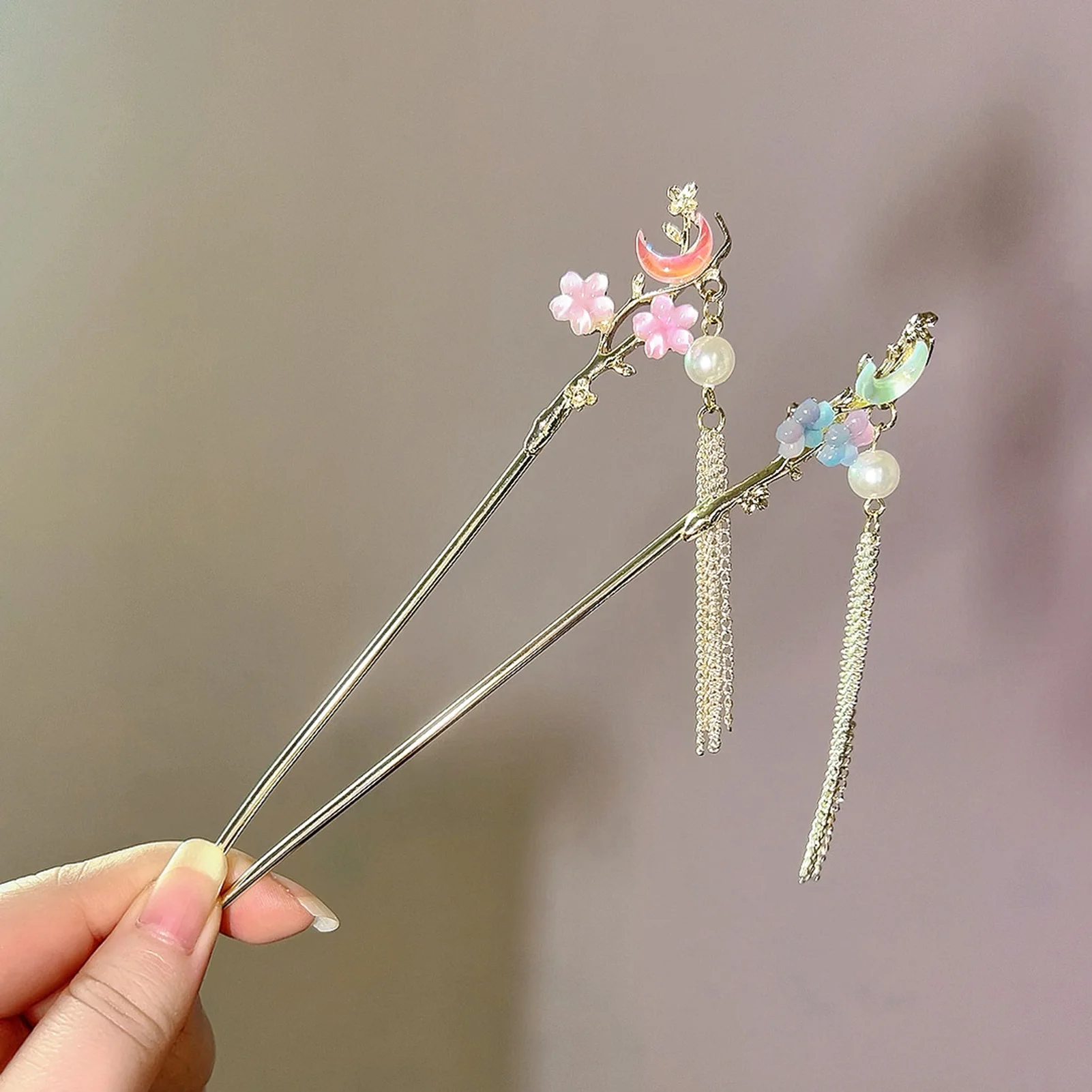 

Retro Chinese Style Hairpin Sweety Flower Moon Pearl Tassel Hair Stick Durable Metal Hair Decor Clip Girls Hair Accessories