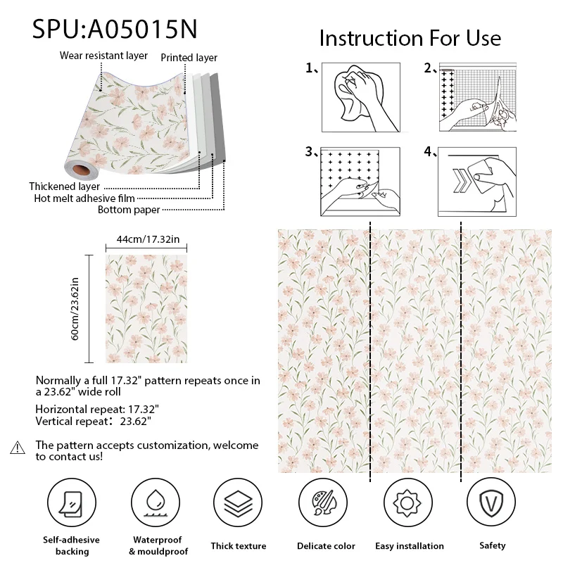 Papel tapiz autoadhesivo de flores rosas para decoración del hogar, pegatinas de vinilo para armario, pelar y pegar, habitación de niñas