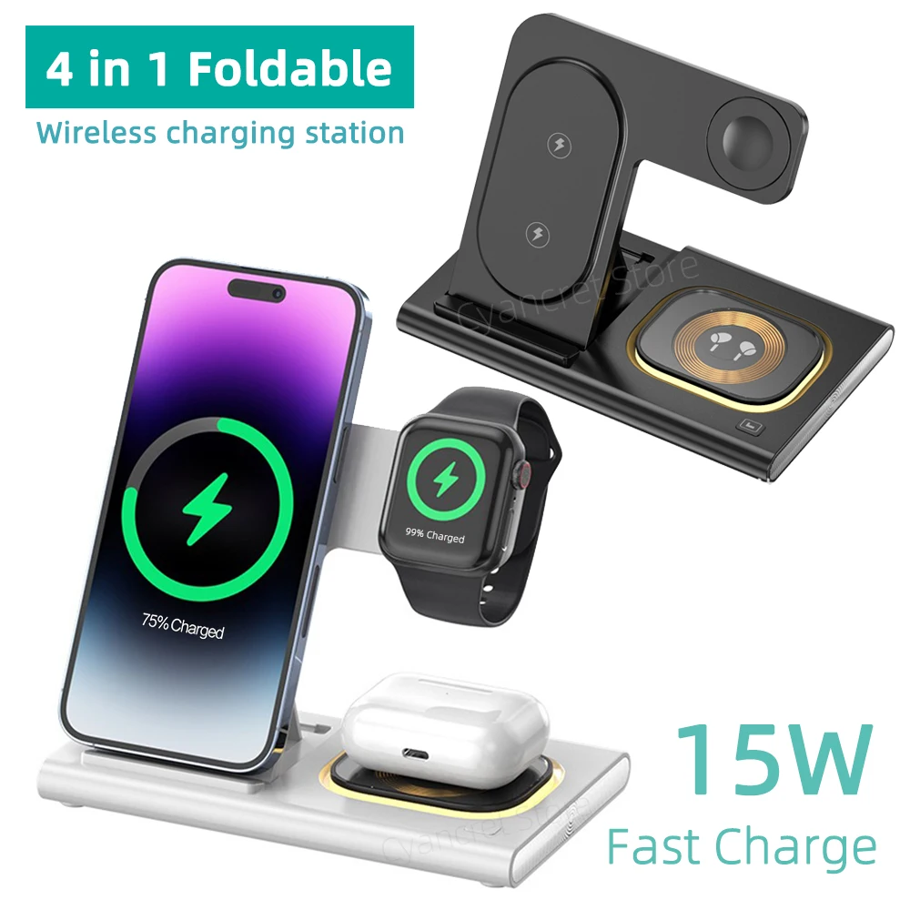 

2025 Foldable Wireless Charging Station 15W Fast Charging LED Night Light 4-in-1 Stands for iPhone 12-17 Apple Watch AirPods 3-4