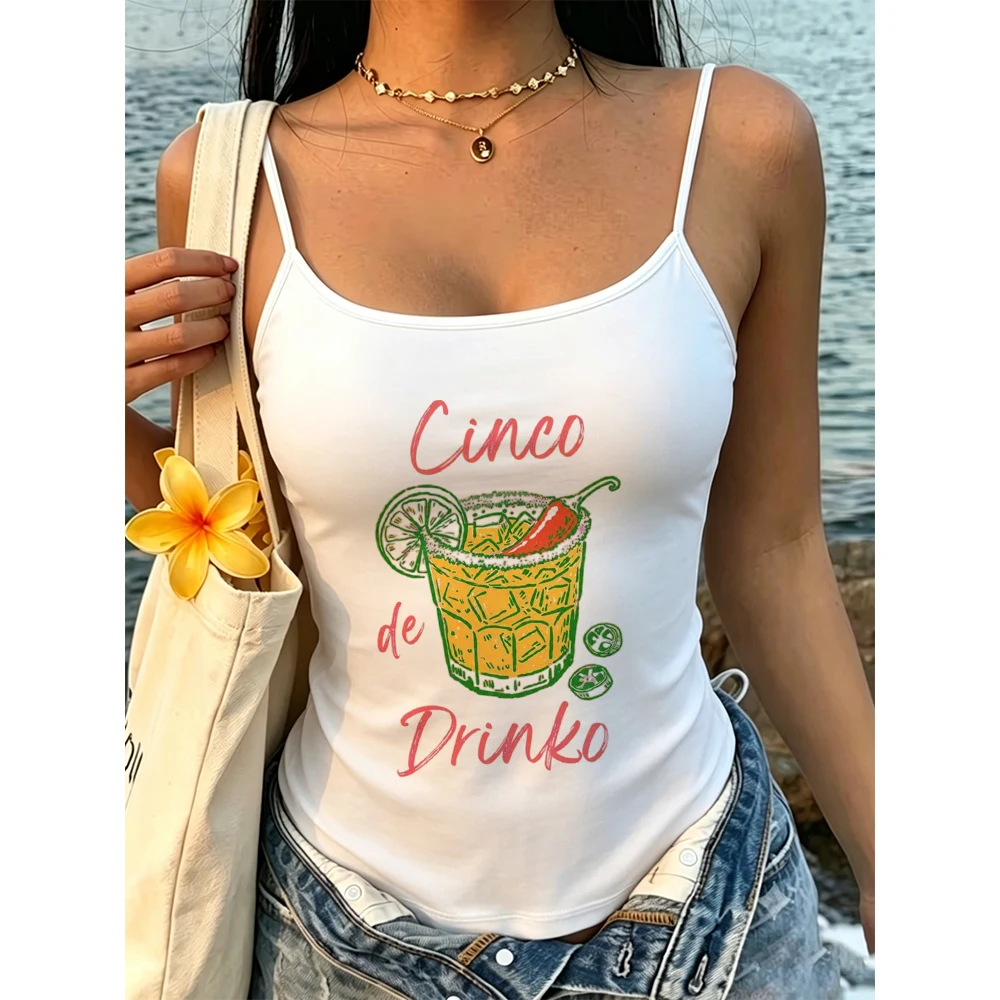 Cute Cinco De Drinko Camisole Spicy Drink Graphic Tank Top Summer Beach Vacation Sleeveless Clubbing Vest Top for Women