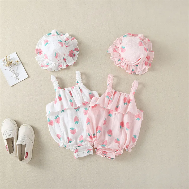 

Strawberry Print Jumpsuit Playsuit Ruffle Romper with Hat Cap Clothes Toddler Bodysuits Cute Summer Infant Baby Girls Rompers