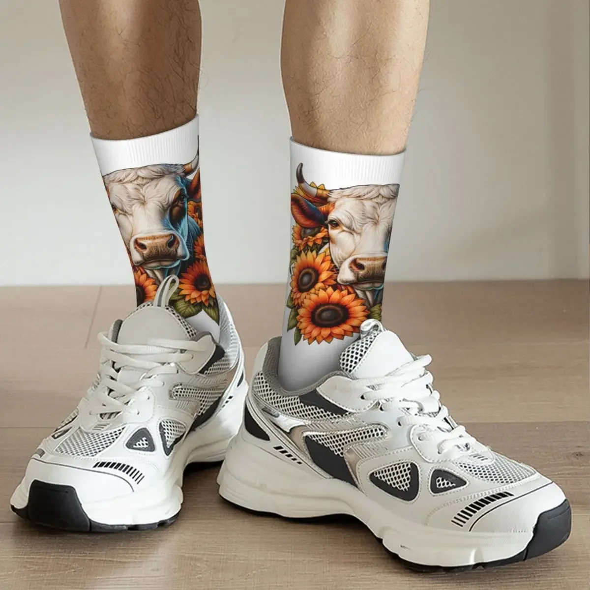 Calcetines de vaca con girasoles Harajuku para hombre y mujer, medias largas de alta calidad, accesorios para todas las estaciones, regalo de cumpleaños