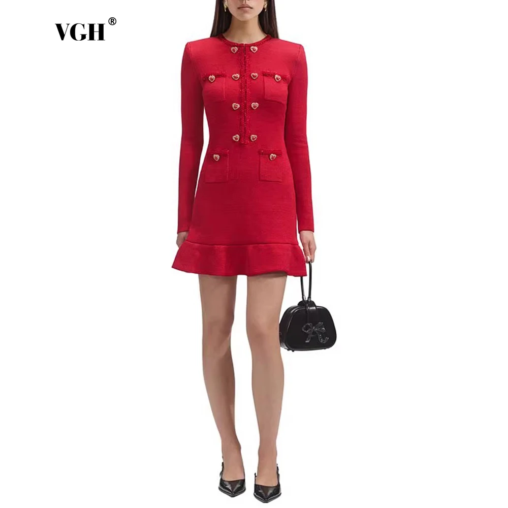 VGH Elegant Spliced Heart Buttons Dress For Woman O Neck Long Sleeve High Waist Patchwork Pockts Luxury Midi Dresses Female 2024