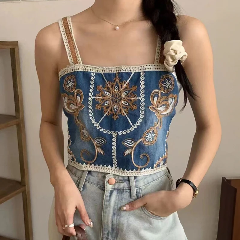 Denim Blue Crochet Cami Top Embroidery Floral Open-knit Crop Camis and Tanks for Women Teengirl Summer Vacation Boho Outfit