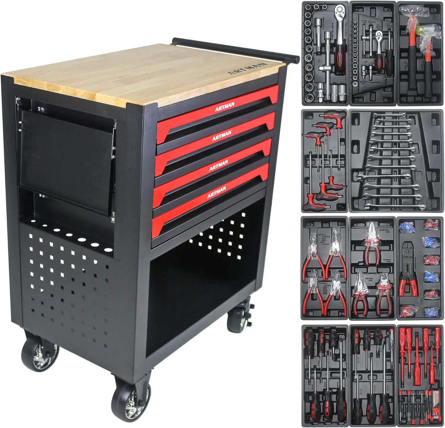 Rolling Tool Cart With Tool Set, Household Tool Kit With 4-Drawer Heavy Duty Metal Tool Cabinet, Portable Tool Box For