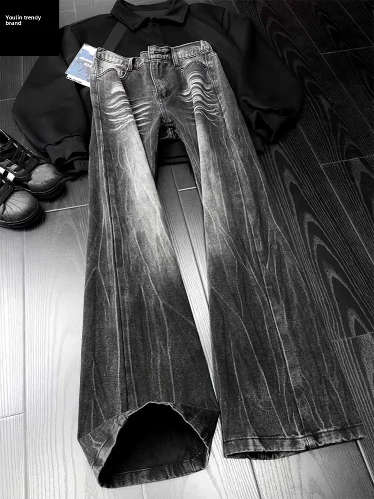 

Bla Lightning Pattern Diagonal Cut Men's Jeans High Waist Straight Leg Knife Pants American Street Sle Winter Faion