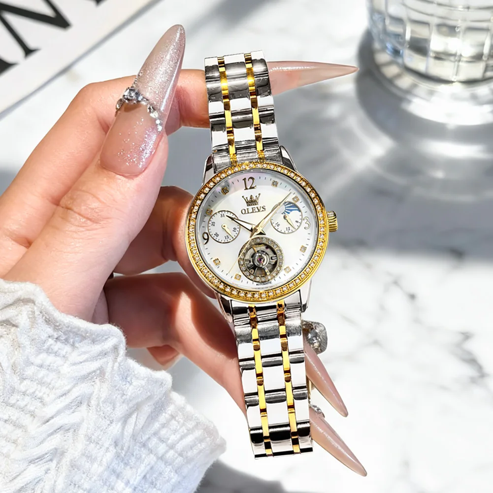 OLEVS 6750 Woman Automatic Watches Luxury Hollow Flywheel Mechanical Watches For Woman Waterproof Moon Phase Ladies Hand Clock