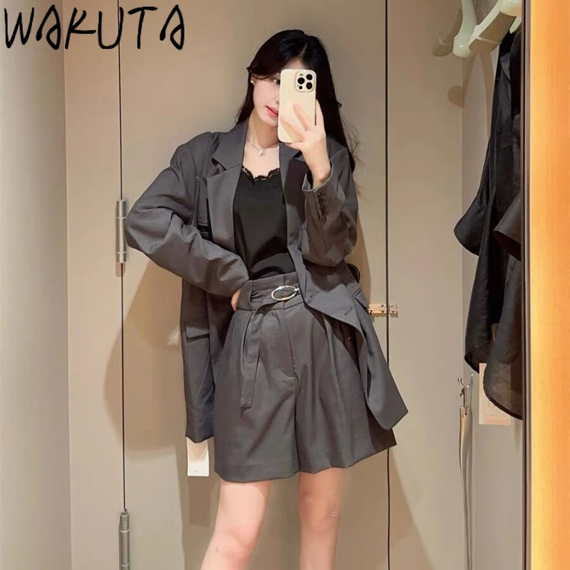 Wakuta Japan Elegant Casual Loose Shorts Temperament High Waist Belt Pocket Woman Pants Fashion All-match Loose Femme Pantalon