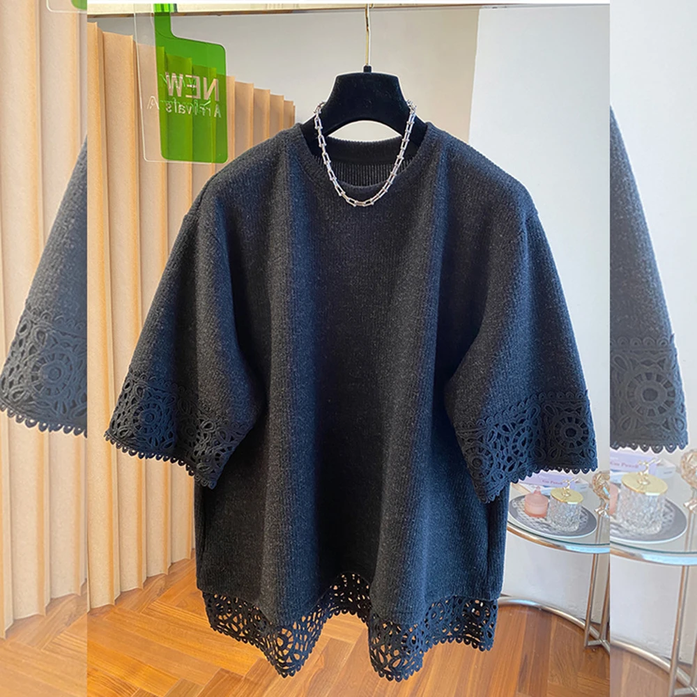 Lace Trim On Cuffs Short Sleeve T-shirt Women's 2026 Spring Summer New Plus Size Loose Underwear Tops Female Casual Blouse