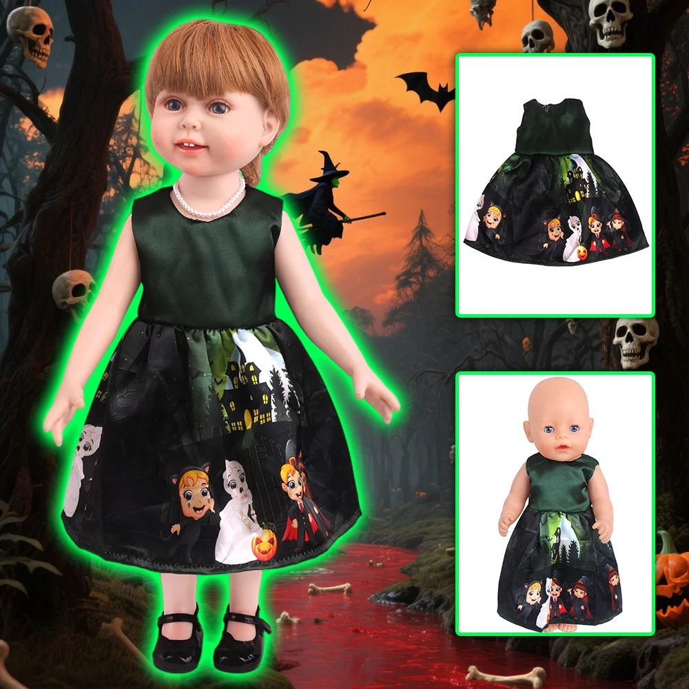 American 18 Inch Girl Dolls Halloween Print Dark Green Dress For Ours & Generation 43-45 Cm Baby Doll Skirt Kids Toys Clothes