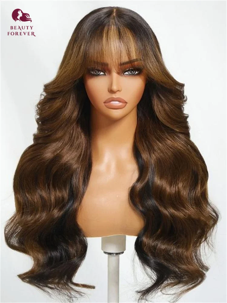 Beautyforever-peluca Frontal sin pegamento, color marrón, nudos Bye Bye, peluca de cabello humano ondulado suelto 3D con flequillo de cortina, densidad 180%