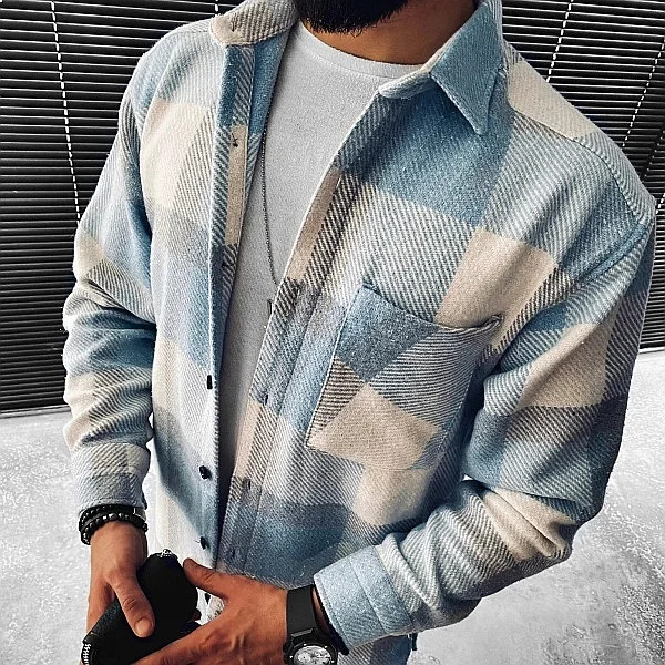 Mens Long Sleeve Plaid Shirt Blue White Check Button Up Shirt Casual Blouse Top Spring Summer