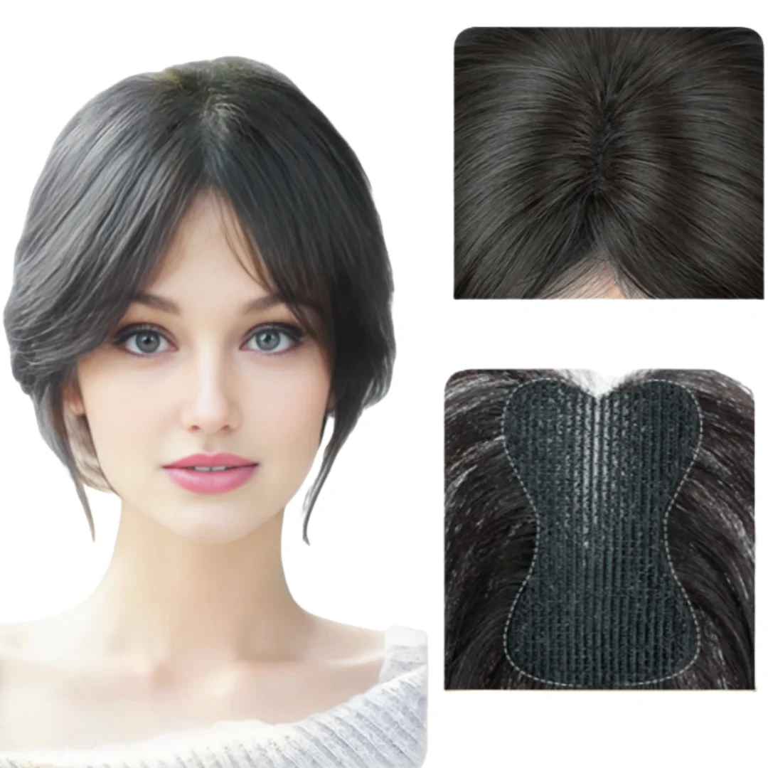 Klittenband Menselijk Haar Patches Magische Pasta Haar Toppers voor Vrouwen Geen Clip Menselijk Haar Middenscheiding Zijpony 10 inch