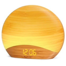 LED Sunrise Alarm Clock, Wake up Light, All Wood Grain, 0-100% Dimming, Digital Clock, 26 Soothing Sound, Sleep White Noise, 8 C