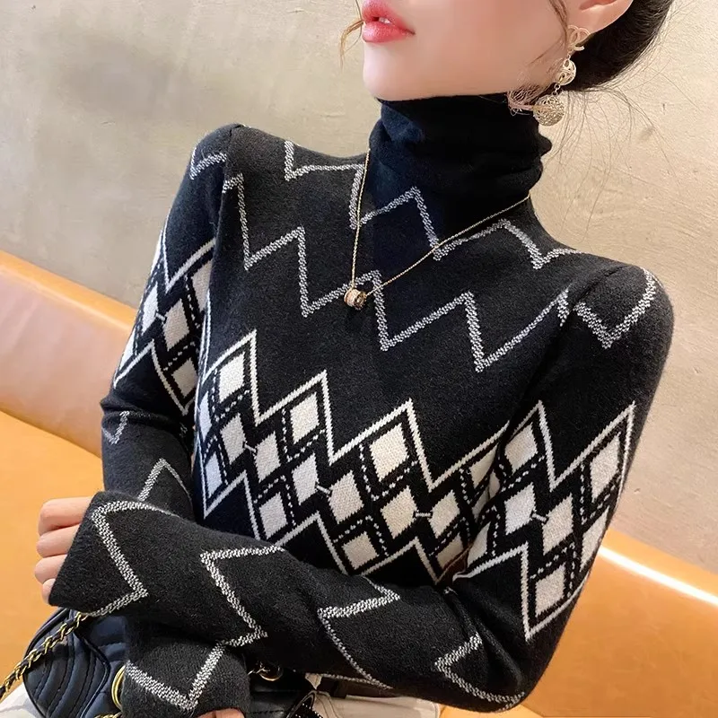 Women Vintage Fashion Jacquard Sweaters Spring Casual Elasticity Slim Chic Knitted Tops 2024 New Simple All-match Basic Pullover