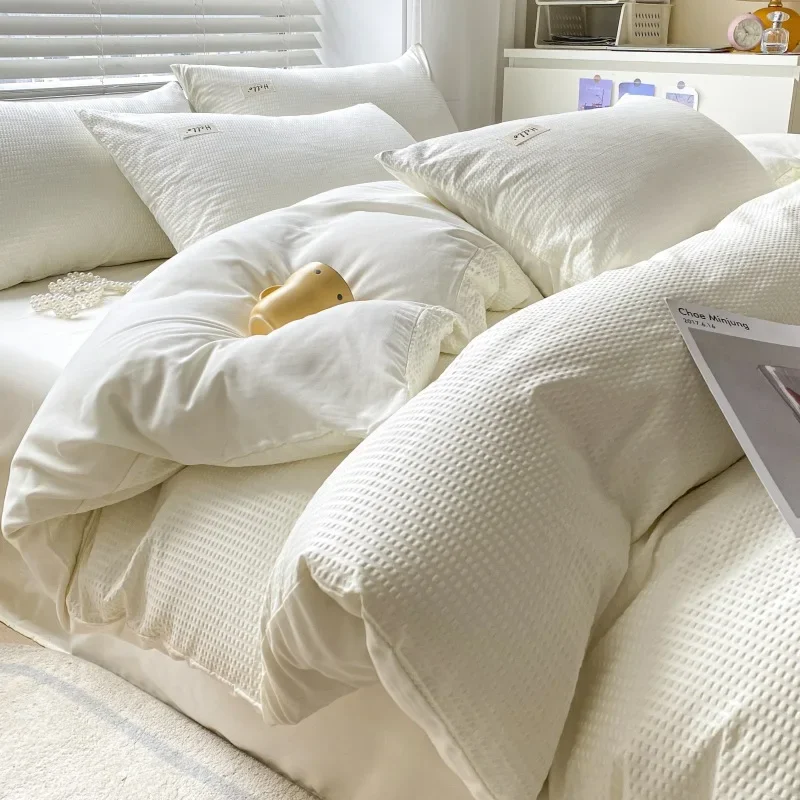 

Washed Bubble Cotton Solid Soft Comfort Sets Simple Breathable Bedsheet Bedding for Adults 4Pcs AB Double Edition Bed Linens