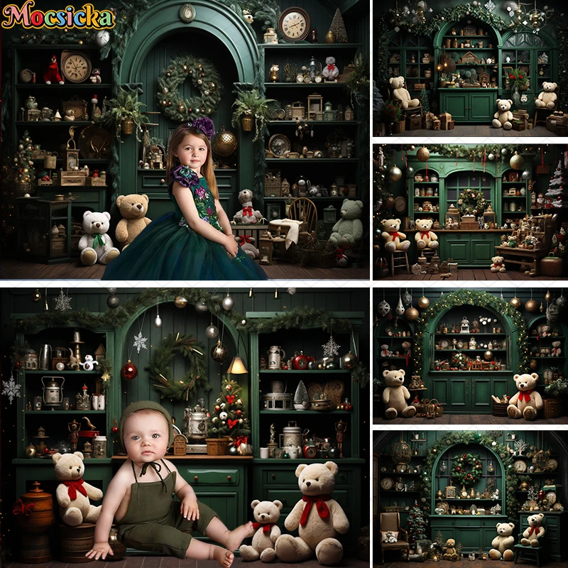 Mocsicka Merry Christmas Photography Backdrops Baby Kids Portrait Photocall Xmas Tree Green Door Cupboard Decorative Background