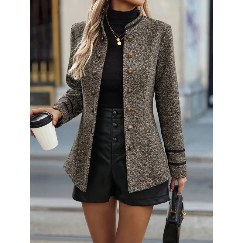 2026 New Women's Long Sleeve Double Buttoned Contrast Color Edge Regular Style Thickened Polyvinyl Fiber Coat for plus Size