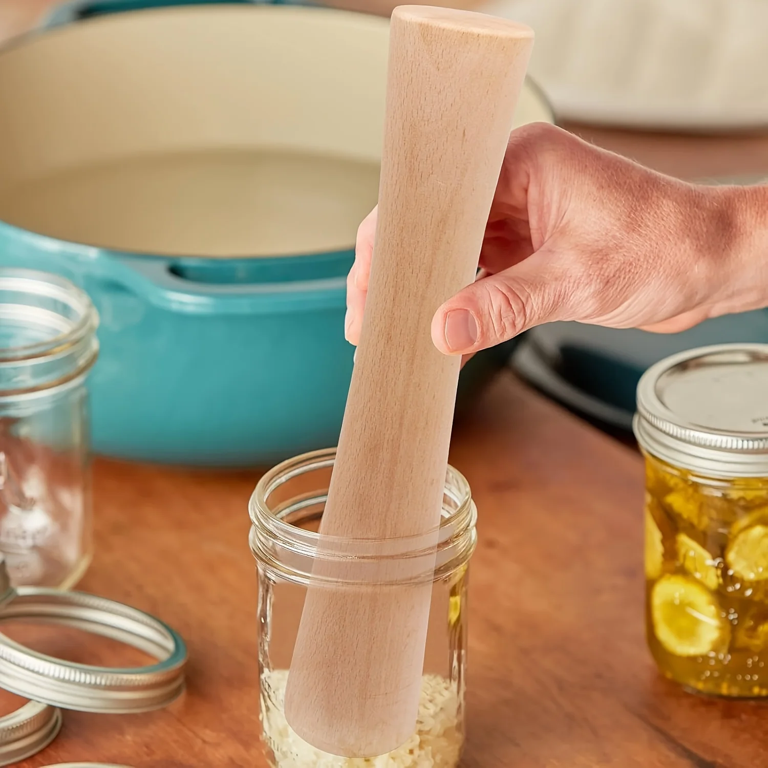 Sauerkraut masher, wooden vegetable fermentation tool, a solid piece of wood