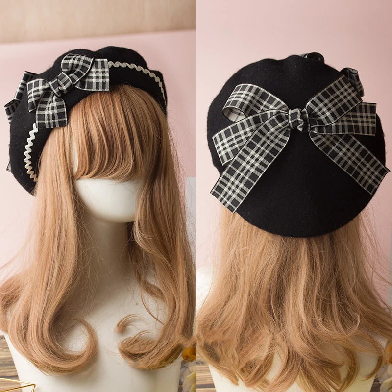 Handmade Women Wool Felt Beret Lolita Girls Cute Hat With Raised Bowknot Painter Beanie Cap