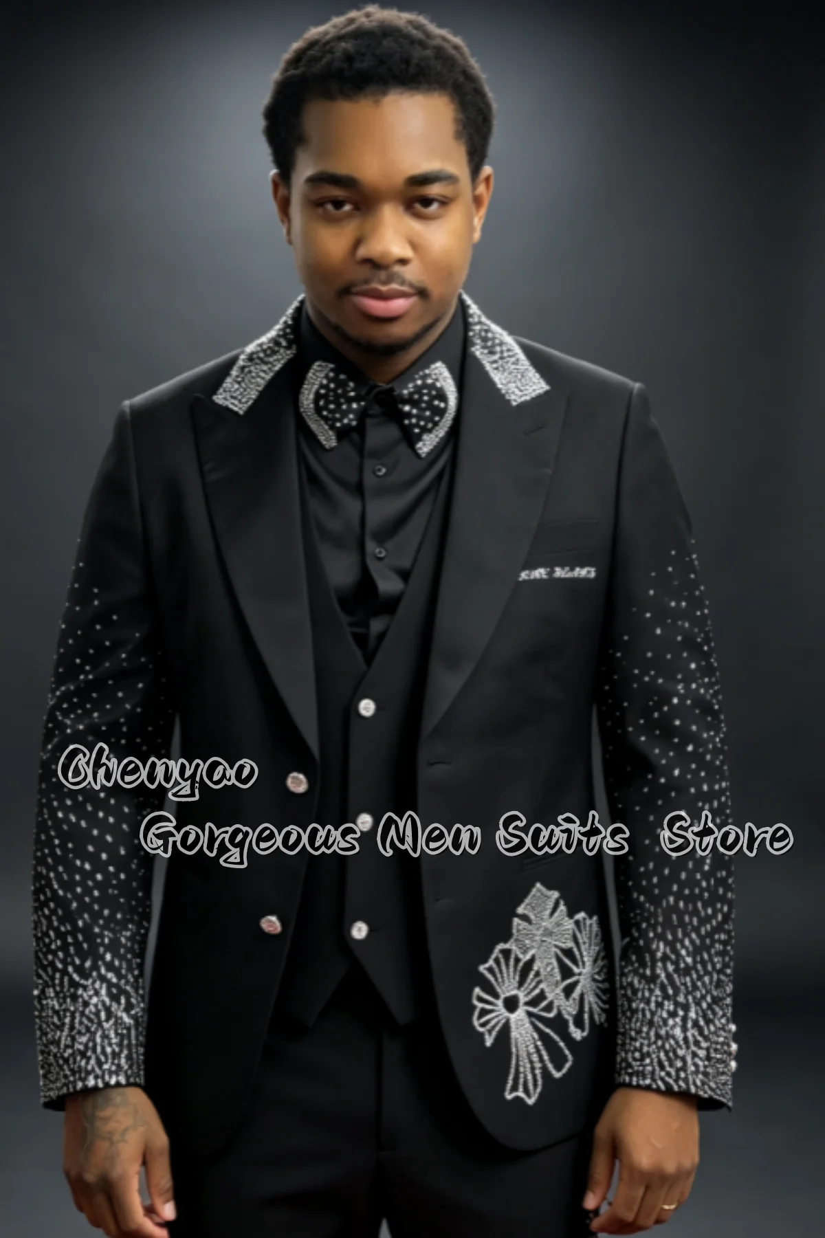 Glitter Beaded Rhinestone Ornament Men Suits Customized Groom Wedding Party Tuxedos Slim Luxury Male Blazers 3Pieces ropa hombre