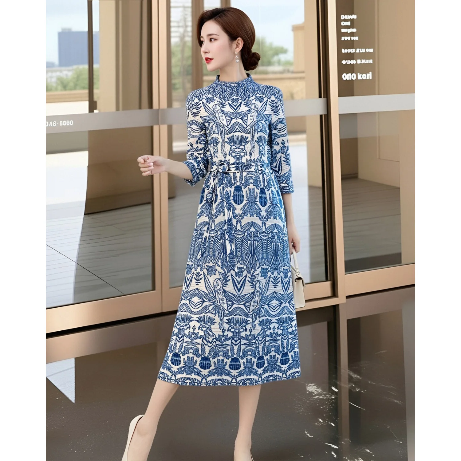 

Miyake Pleated Dress Women's 2026 New Blue High-end Loose Large Size Round Neck Mid-sleeve Waist Elegant Mid-length Skirt