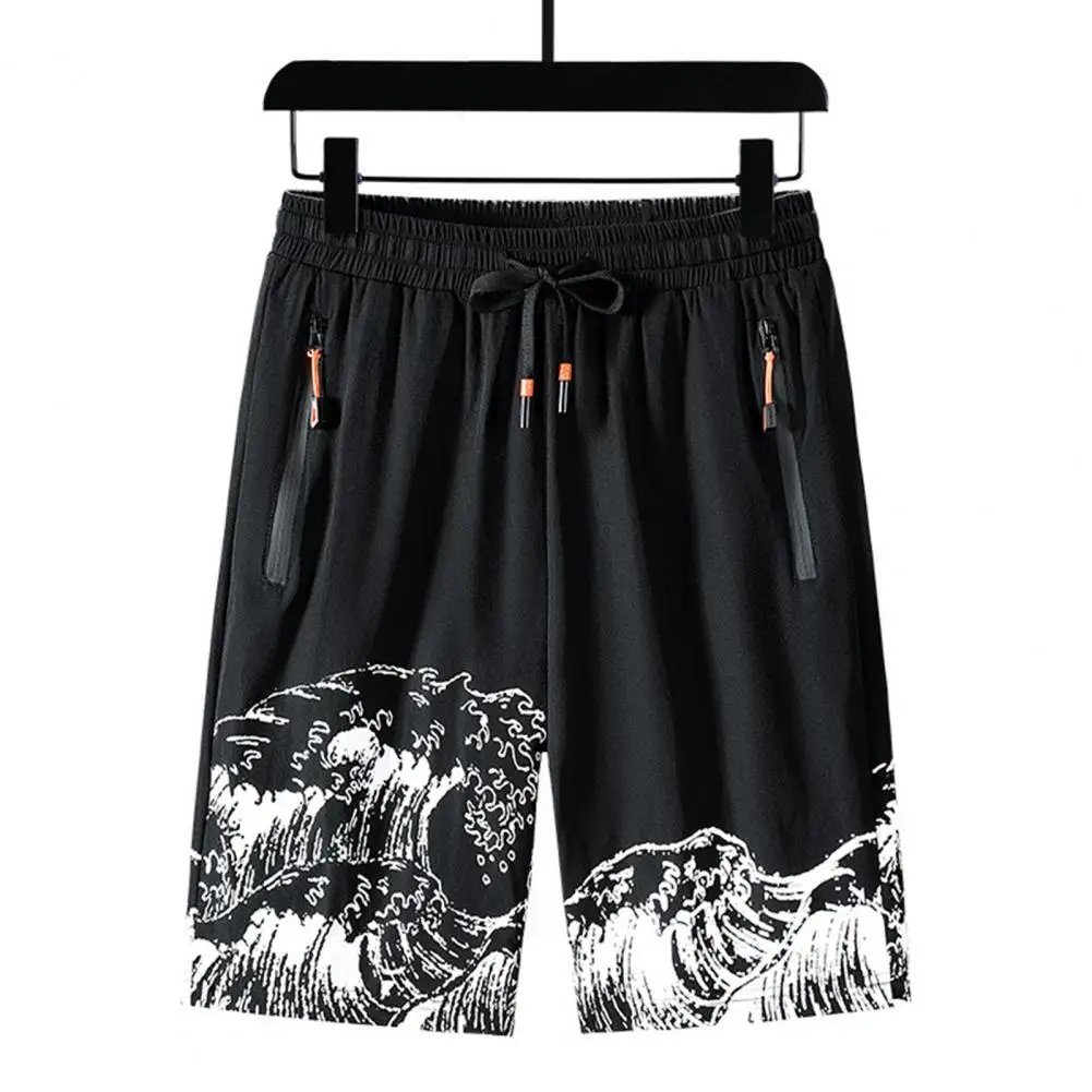 Men Shorts Knee Length Ice Silk Loose Printed Zipper Pockets Drawstring Elastic Waist Deep Crotch Loose Beach Shorts