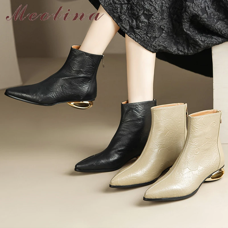 

Meotina Women Genuine Leather Ankle Boots Pointed Toe Strange Style Low Heels Zipper Short Boot Lady Fashion Shoes Autumn Winter