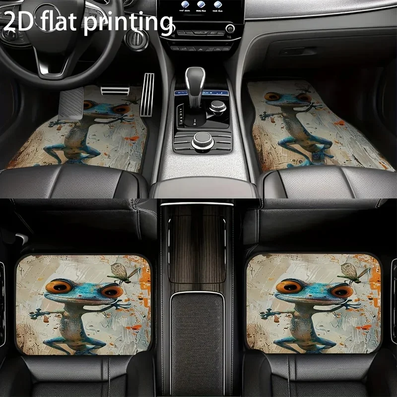 4pcs Car Floor Mats, Cartoon Frog And Dragonfly Abstract Design, Universal Car Mats, Made Of Polyester Fiber, Automotive Decorat 6
