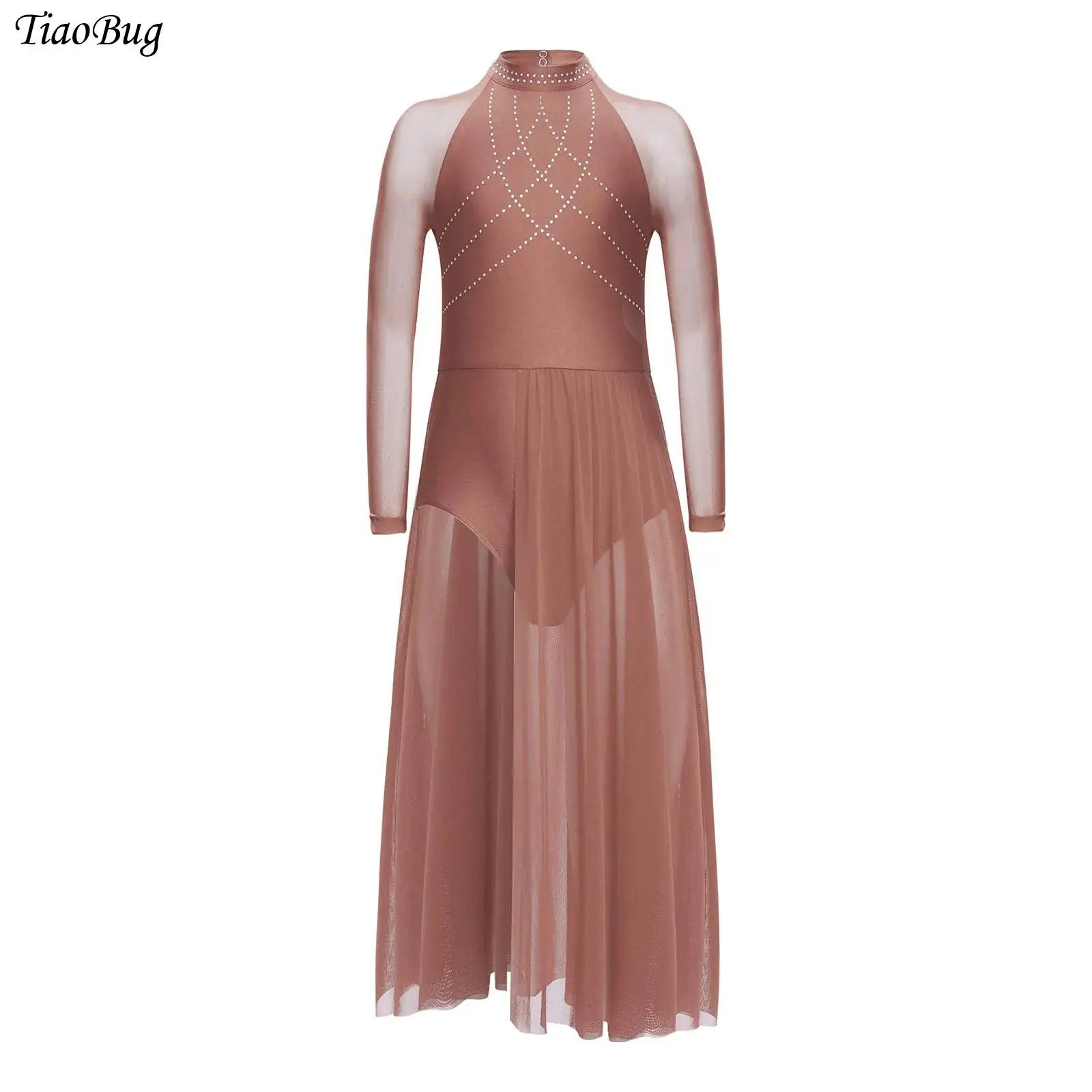 

Girls Lyrical Dance Dress Long Sleeve Rhinestones Sheer Mesh Split Leotard Ballet Gymnastics Skating Contemporary Dance Costumes