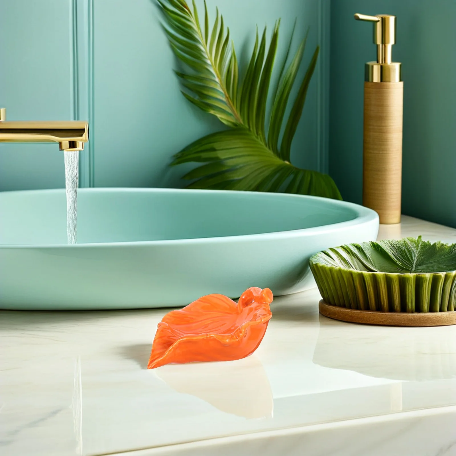 

Ceramic Leaf Shape Soap Dish Orange Self Draining Tray for Bathroom Kitchen Shower Sponge Holder Creative Soap Saver Plate