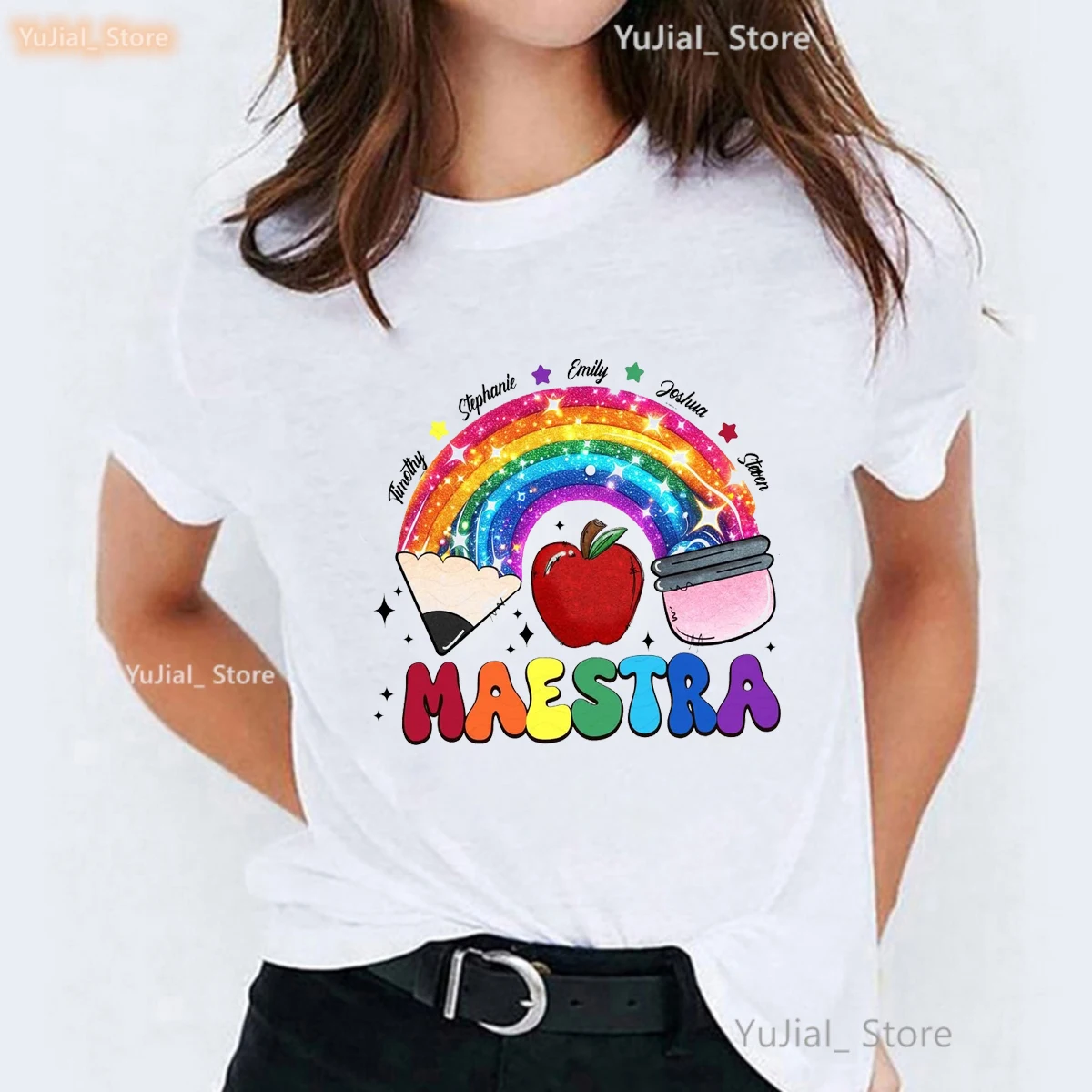 Rainbow Maestra Pencil Graphic Printed Tshirt Women Spanish Teacher Teach Love Inspire T Shirt Femme Summer Tops Fashion T-Shirt