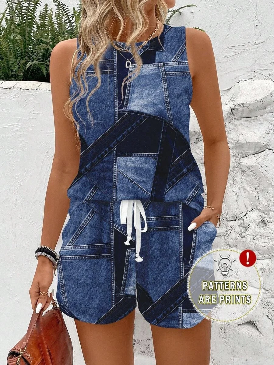 

Women's Sleeveless Round-Neck Faux Denim Pattern Printed Vest and Shorts Set, Suitable for Spring/Summer Casual Outings