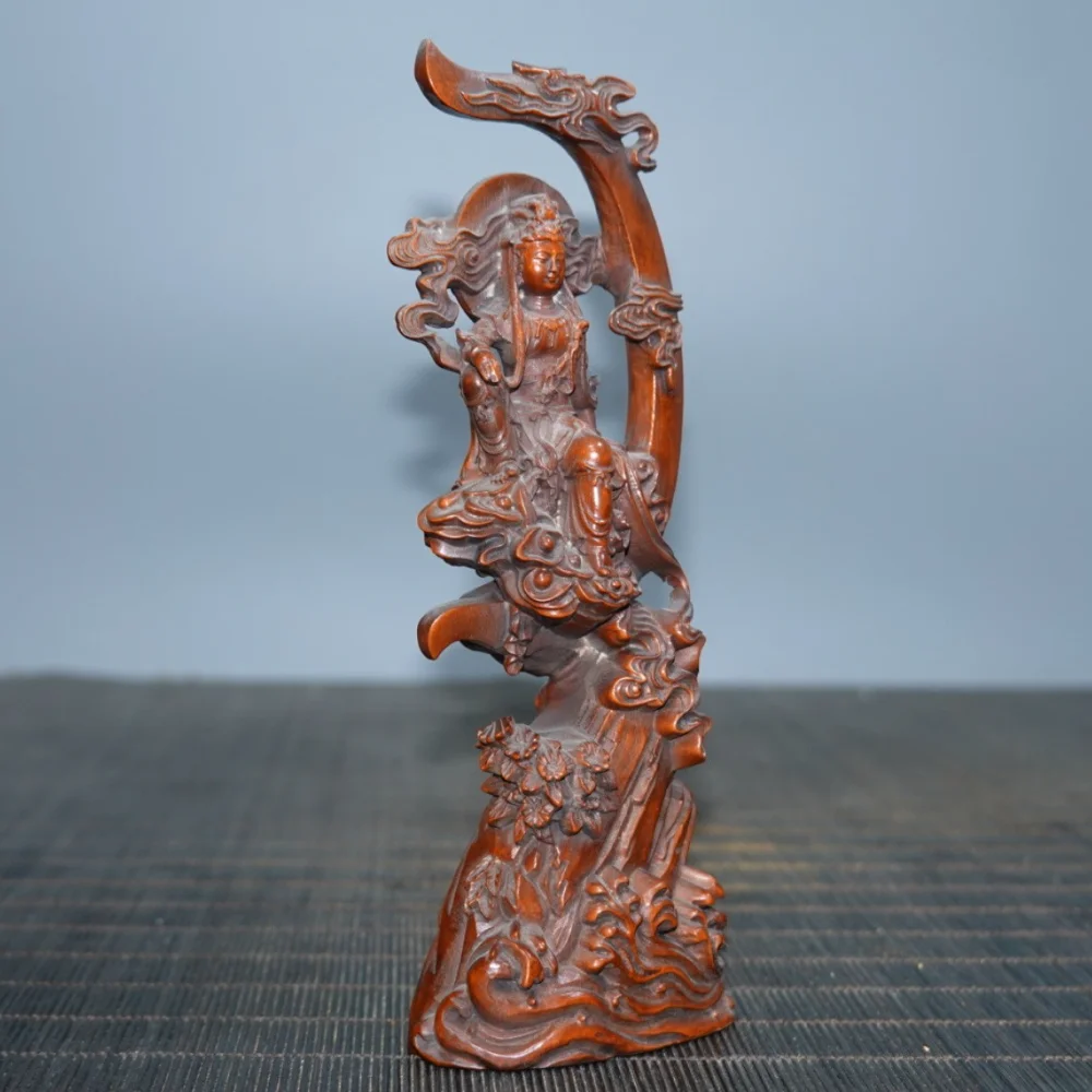Hand Carved Wood Moon Guanyin Statue Water Moon Kwan Yin Sculpture Oriental Desktop Worship Decor Craft Gift