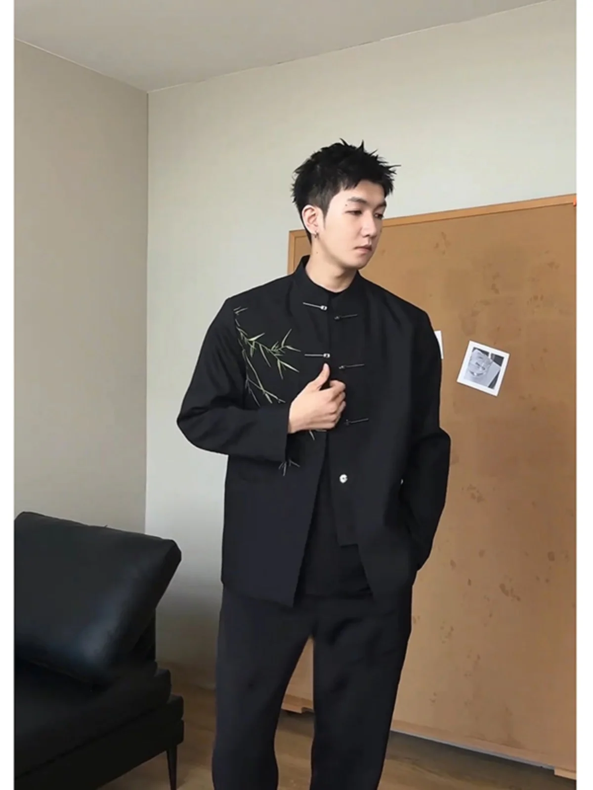 New Chinese Style Embroidered Suit Jacket Men's Wedding Casual Black Jacket Stand Collar Zhongshan Suit National Style Top