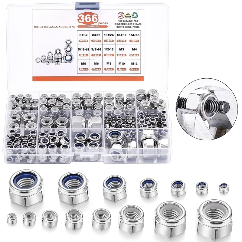 

366Pcs Nylon Insert 304 Stainless Steel Hexagon Hex Lock Nuts Set Metric Locknuts Assortment Kit M3/4/5/6/8/10/12 Hardware Nut