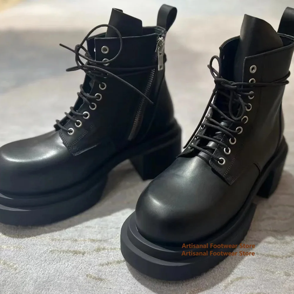 High-Top Thick-Soled Boots Men Real Leather Lace-Up Booties British Style Shoes Brand Heightened Males Shoes Men's Booties